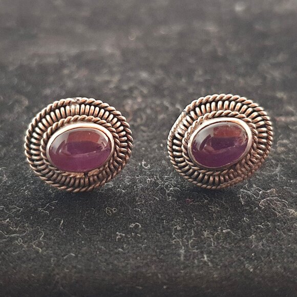 Vintage Natural Amethyst Cabochon 925 Silver Stud Earrings – Handcrafted - Picture 3 of 14